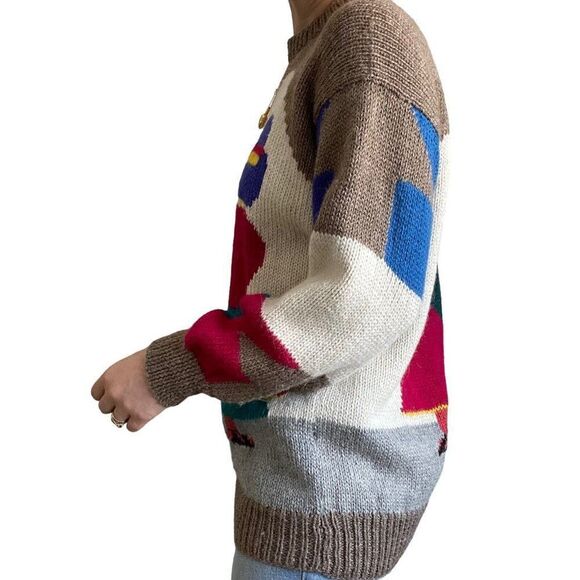 Vintage Hand Knit Peruviuan Alpaca Crewneck Oversized Rainbow Boho Sweater Sz XL - Picture 5 of 7